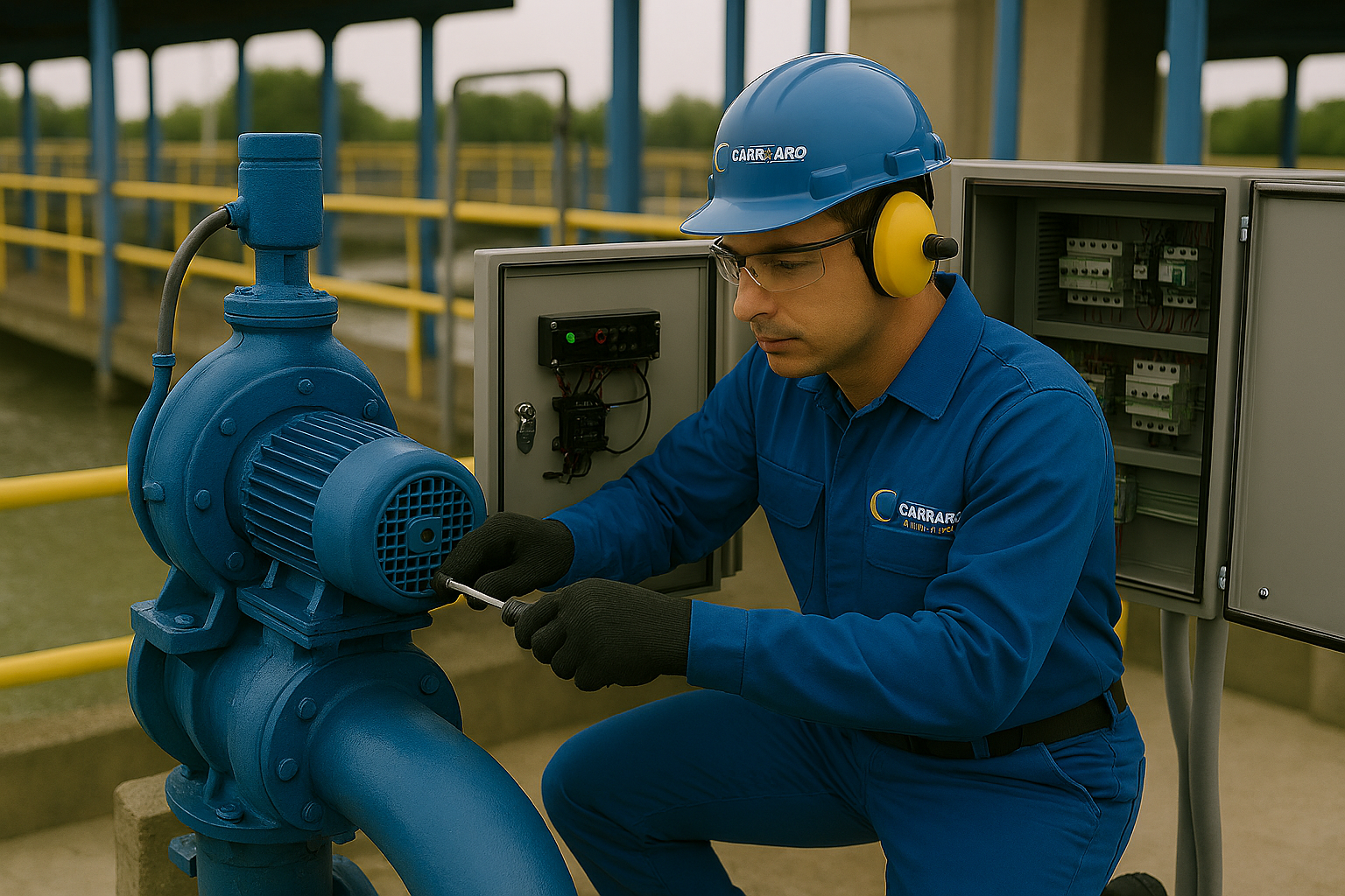 Colaborador realizando manutenção em bomba